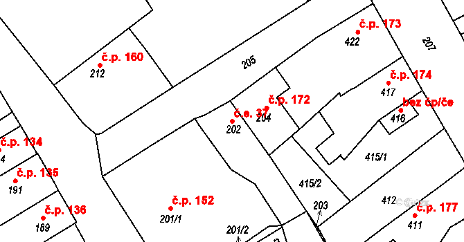 Hodkovice nad Mohelkou 37 na parcele st. 202 v KÚ Hodkovice nad Mohelkou, Katastrální mapa