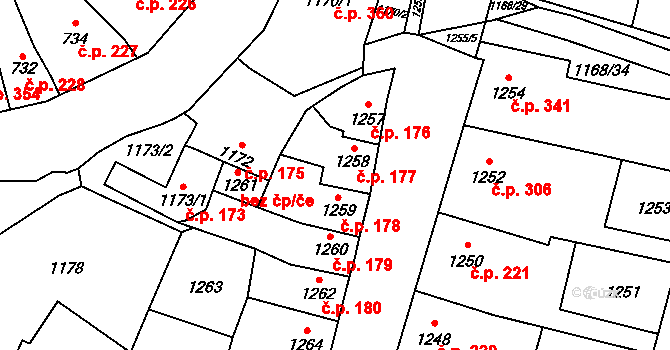 Pozořice 177 na parcele st. 1258 v KÚ Pozořice, Katastrální mapa