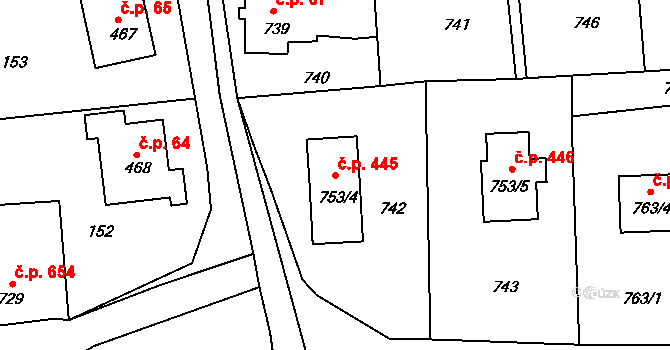 Šluknov 445 na parcele st. 753/4 v KÚ Šluknov, Katastrální mapa