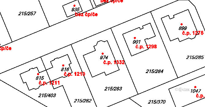 Rudná 1332 na parcele st. 974 v KÚ Hořelice, Katastrální mapa