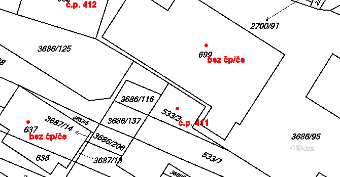 Brumovice 411 na parcele st. 533/2 v KÚ Brumovice, Katastrální mapa