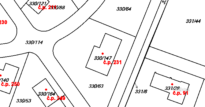 Hlušovice 231 na parcele st. 330/147 v KÚ Hlušovice, Katastrální mapa