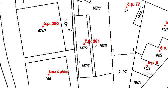 Příšovice 281 na parcele st. 147/2 v KÚ Příšovice, Katastrální mapa