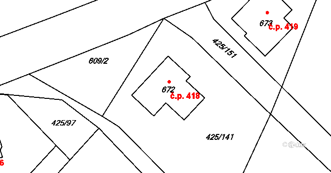 Týn 418, Třebíč na parcele st. 672 v KÚ Týn u Třebíče, Katastrální mapa