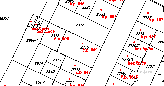 Předměstí 889, Litoměřice na parcele st. 2316 v KÚ Litoměřice, Katastrální mapa