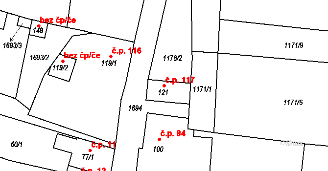 Malešov 117, Hoštka na parcele st. 121 v KÚ Malešov u Hoštky, Katastrální mapa