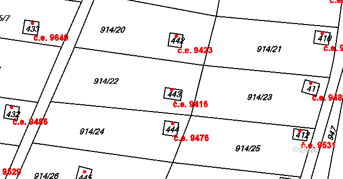 Děčín XXVII-Březiny 9416, Děčín na parcele st. 443 v KÚ Březiny u Děčína, Katastrální mapa
