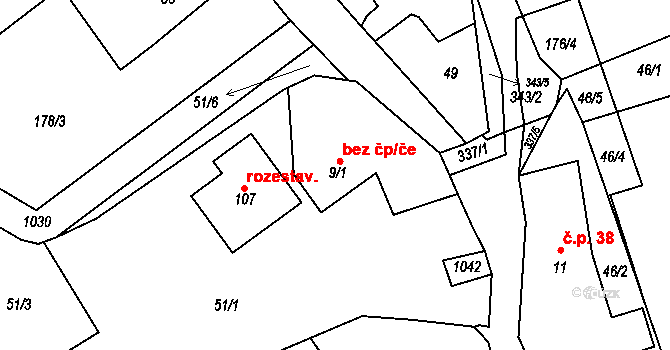 Zvole 45981558 na parcele st. 9/1 v KÚ Branišov nad Pernštejnem, Katastrální mapa