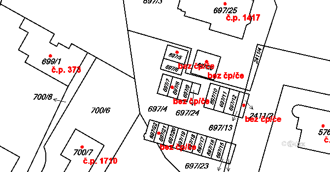 Praha 49412558 na parcele st. 697/7 v KÚ Kunratice, Katastrální mapa