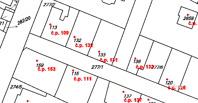 Neratovice 131 na parcele st. 133 v KÚ Neratovice, Katastrální mapa