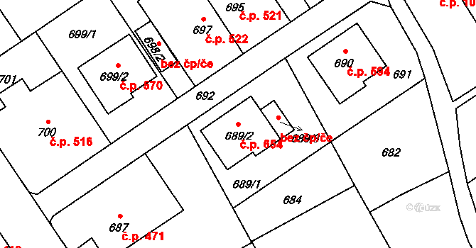 Jedovnice 654 na parcele st. 689/2 v KÚ Jedovnice, Katastrální mapa