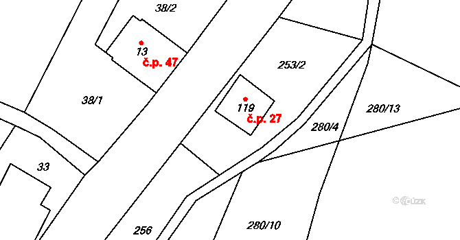 Bukovice 27, Písařov na parcele st. 119 v KÚ Bukovice u Písařova, Katastrální mapa