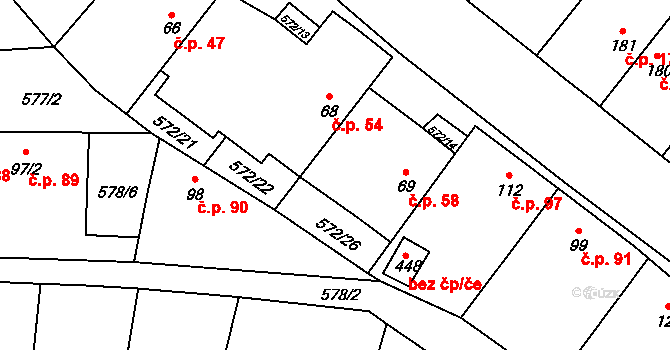 Lišany 58 na parcele st. 69 v KÚ Lišany u Rakovníka, Katastrální mapa