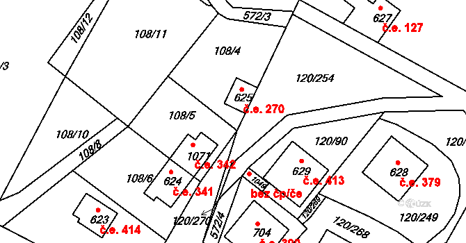 Sýkořice 270 na parcele st. 625 v KÚ Sýkořice, Katastrální mapa