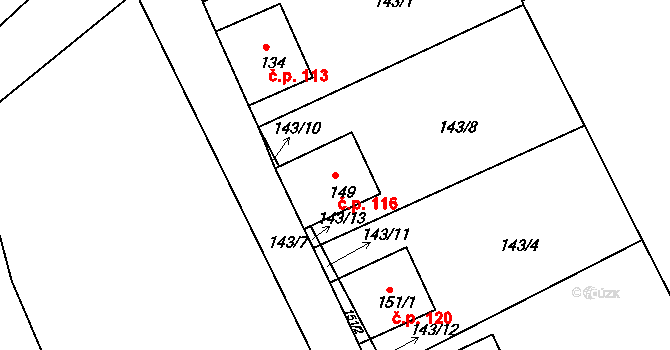 Přídolí 116 na parcele st. 149 v KÚ Přídolí, Katastrální mapa