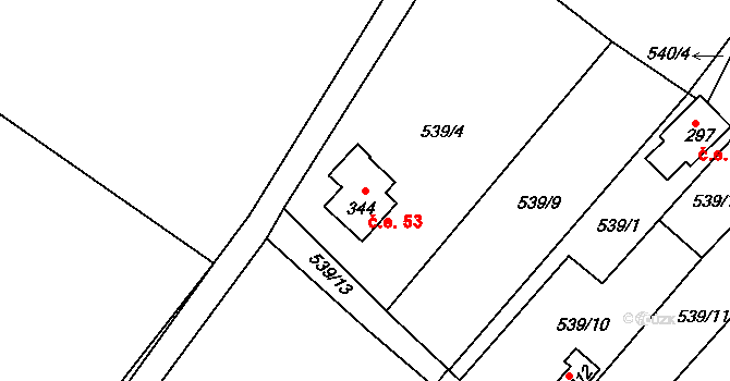 Bzí 53, Železný Brod na parcele st. 344 v KÚ Bzí u Železného Brodu, Katastrální mapa