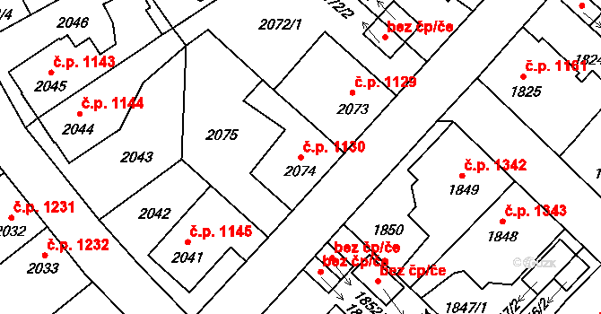 Louny 1130 na parcele st. 2074 v KÚ Louny, Katastrální mapa