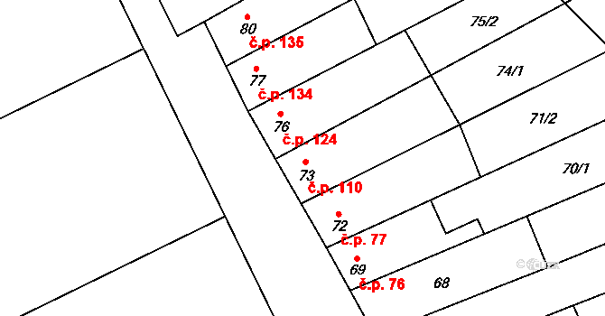 Uhřičice 110 na parcele st. 73 v KÚ Uhřičice, Katastrální mapa