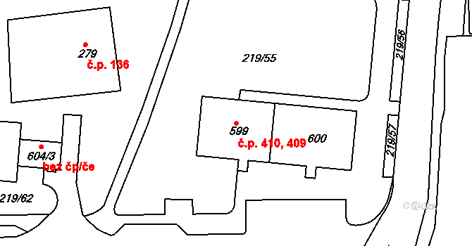 Toužim 409,410 na parcele st. 600 v KÚ Toužim, Katastrální mapa