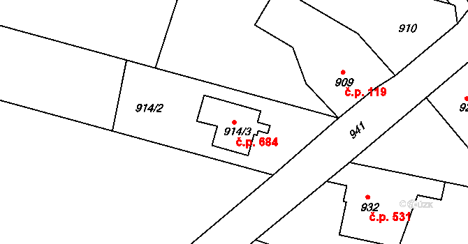 Hrádek nad Nisou 684 na parcele st. 914/3 v KÚ Hrádek nad Nisou, Katastrální mapa