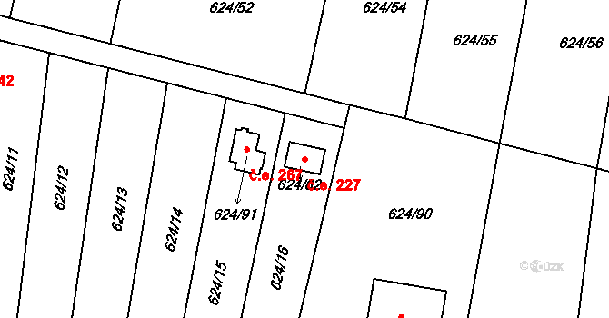 Žižlavice 227, Blansko na parcele st. 624/62 v KÚ Těchov, Katastrální mapa