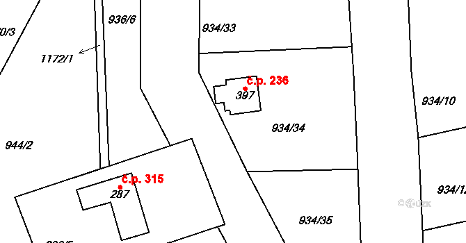 Chvalčov 236 na parcele st. 397 v KÚ Chvalčov, Katastrální mapa