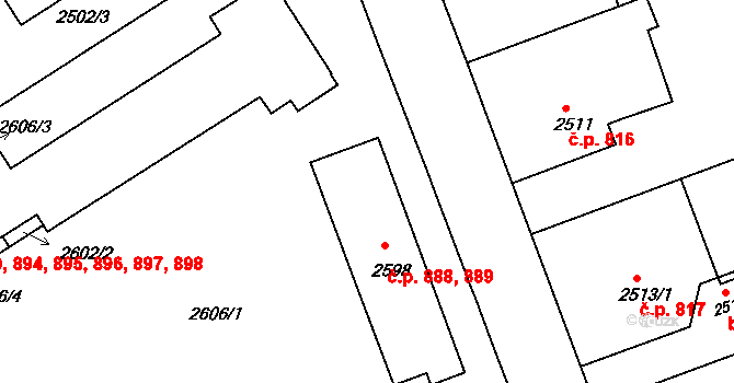 Hulín 888,889 na parcele st. 2598 v KÚ Hulín, Katastrální mapa