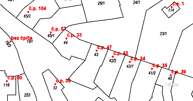 Tážaly 47, Kožušany-Tážaly na parcele st. 43 v KÚ Tážaly, Katastrální mapa