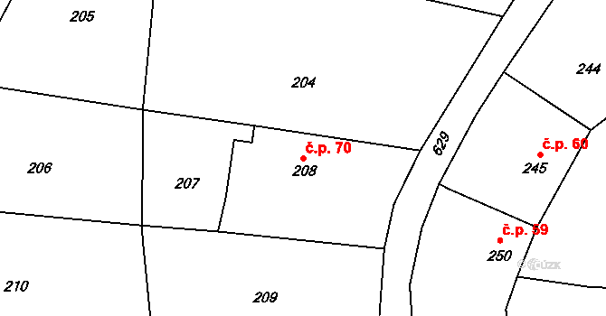 Milíčeves 70, Slatiny na parcele st. 208 v KÚ Milíčeves, Katastrální mapa
