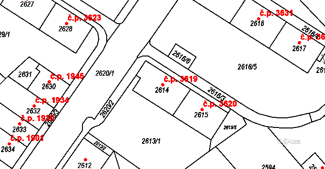Chomutov 3619 na parcele st. 2614 v KÚ Chomutov I, Katastrální mapa