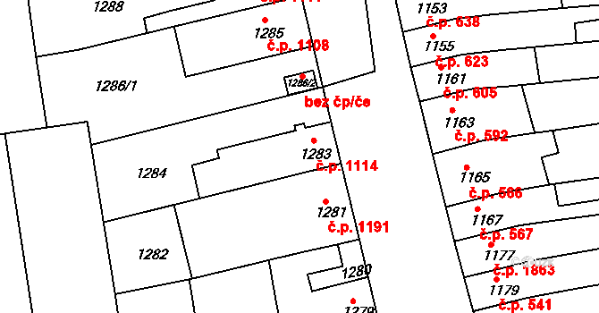 Šlapanice 1114 na parcele st. 1283 v KÚ Šlapanice u Brna, Katastrální mapa