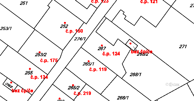 Ostrovačice 124 na parcele st. 267 v KÚ Ostrovačice, Katastrální mapa