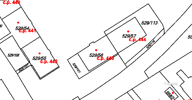 Ráj 443, Karviná na parcele st. 529/56 v KÚ Ráj, Katastrální mapa