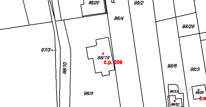 Útěchov 206, Brno na parcele st. 98/19 v KÚ Útěchov u Brna, Katastrální mapa