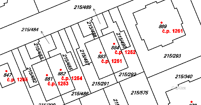 Rudná 1251 na parcele st. 883 v KÚ Hořelice, Katastrální mapa