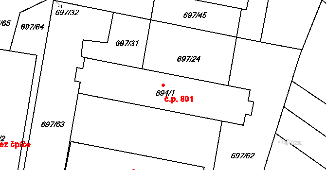 Koryčany 801 na parcele st. 694/1 v KÚ Koryčany, Katastrální mapa