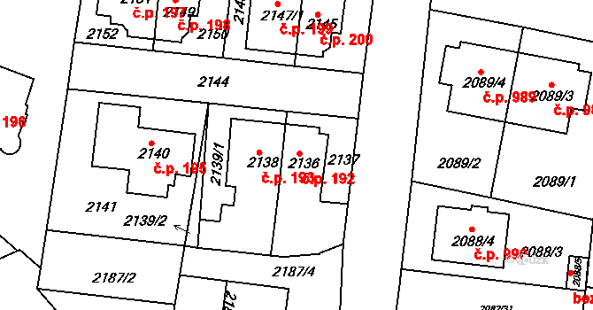 Jemnice 192 na parcele st. 2136 v KÚ Jemnice, Katastrální mapa