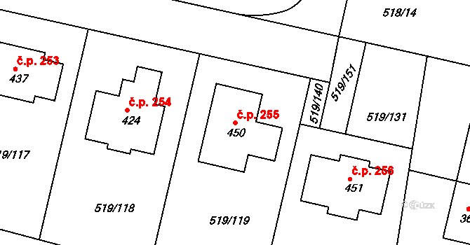 Horoušánky 255, Horoušany na parcele st. 450 v KÚ Horoušany, Katastrální mapa