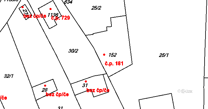 Prštné 181, Zlín na parcele st. 152 v KÚ Prštné, Katastrální mapa