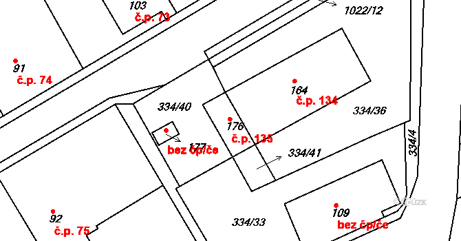Bojanov 135 na parcele st. 176 v KÚ Bojanov, Katastrální mapa