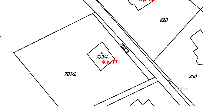 Bohuňov 77 na parcele st. 703/4 v KÚ Bohuňov, Katastrální mapa