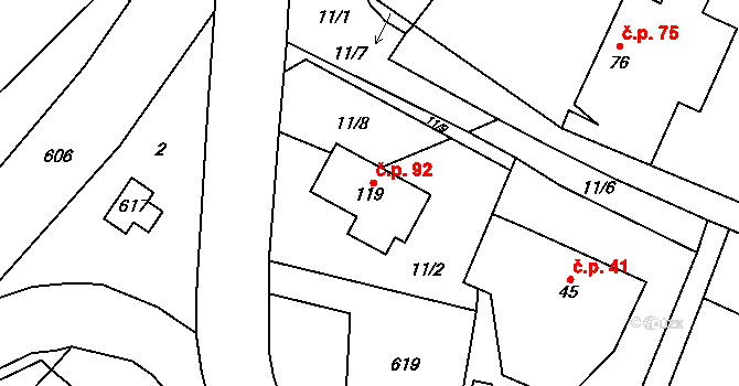 Korycany 92, Neratovice na parcele st. 119 v KÚ Korycany, Katastrální mapa