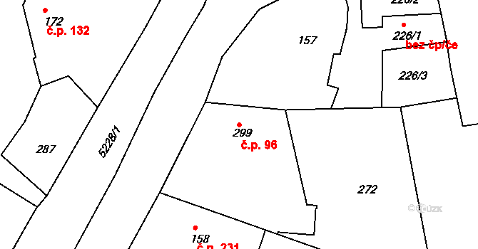Pocinovice 96 na parcele st. 299 v KÚ Pocinovice, Katastrální mapa