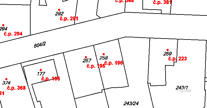 Rosice 196, Pardubice na parcele st. 258 v KÚ Rosice nad Labem, Katastrální mapa