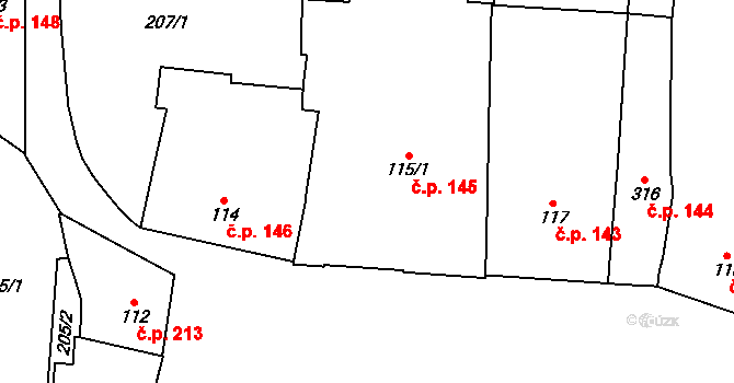 Lysice 145 na parcele st. 115/1 v KÚ Lysice, Katastrální mapa