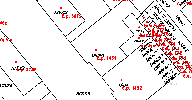 Louny 1451 na parcele st. 1863/1 v KÚ Louny, Katastrální mapa