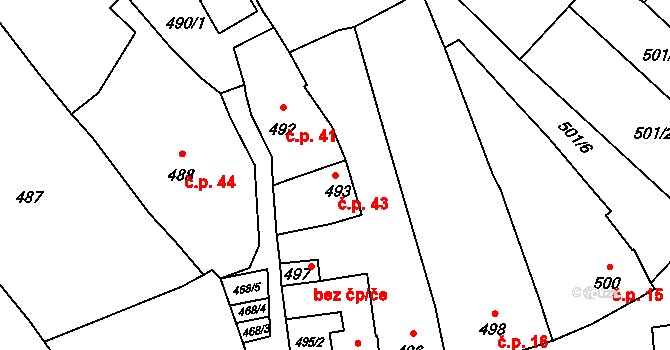 Vážany 43, Kroměříž na parcele st. 493 v KÚ Vážany u Kroměříže, Katastrální mapa