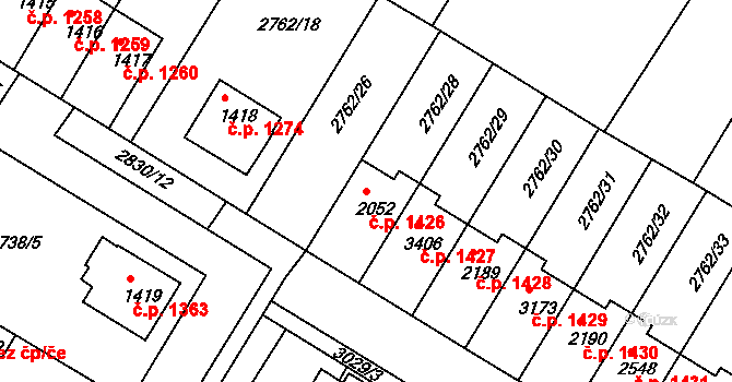 Bystřice pod Hostýnem 1426 na parcele st. 2052 v KÚ Bystřice pod Hostýnem, Katastrální mapa