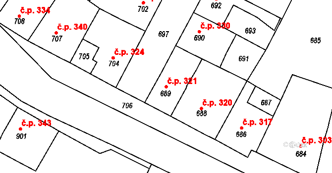 Plumlov 321 na parcele st. 689 v KÚ Plumlov, Katastrální mapa