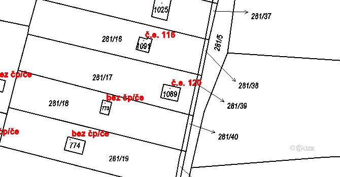 Kunžak 120 na parcele st. 1089 v KÚ Kunžak, Katastrální mapa